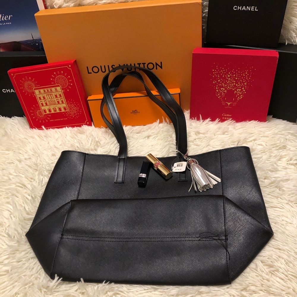 Black Leather Tote Bag with Tassel Charm (Free YSL, Dior Lip item & Mystery…)